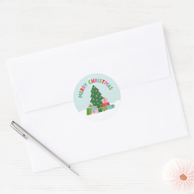 Sticker Rond Merry Christmas Tree with Gifts in Aqua Blue (Enveloppe)