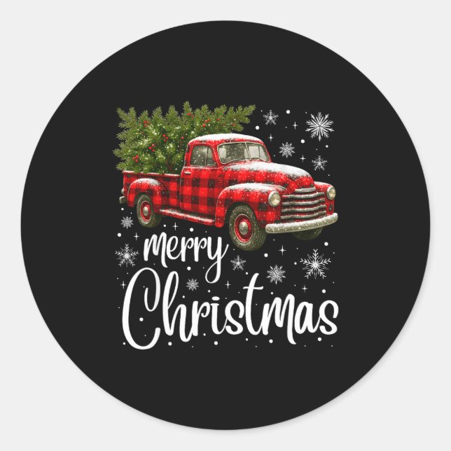 Sticker Rond Merry Christmas Truck Buffalo Plaid Xmas Tree Men  (Devant)