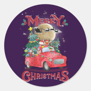 Sticker Rond Merry Christmas Vintage Red Santa Truck
