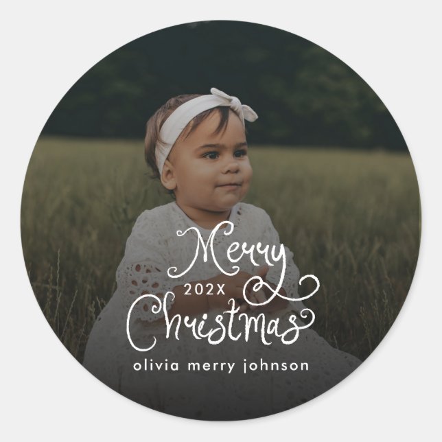 Sticker Rond Merry Christmas Whimsical Script  Baby Photo  (Devant)