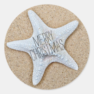 Sticker Rond Merry Christmas White Starfish à la plage