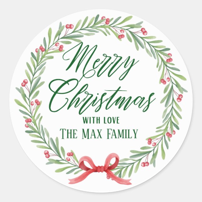 Sticker Rond Merry Christmas With Love Wreath Holiday (Devant)