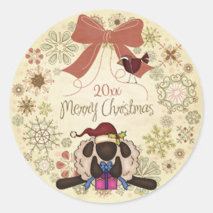 Sticker Rond Merry Christmas Wreath avec Père Noël Sheep et Bir