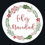 Sticker Rond Merry Christmas Wreath espagnol, Feliz Navidad<br><div class="desc">Vacances de Noël vert et rouge avec des autocollants ronds design pour enveloppes,  cadeaux etc,  avec les mots Joyeux Noël en espagnol : Feliz Navidad</div>