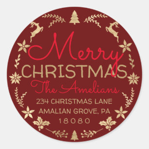 Sticker Rond Merry Christmas Wreath Gold Russe RSVP Bourgogne