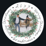 Sticker Rond  Merry Christmas Wreath Red Berries Name Photo<br><div class="desc">Merry Christmas Wreath Red Berries Name Photo Classic Round Sticker . These cute little stickers have Merry Christmas written in a pretty script font . These stickers can be customized by changing the family name and photo . Check out the other coordinating products in the collection . For any further...</div>