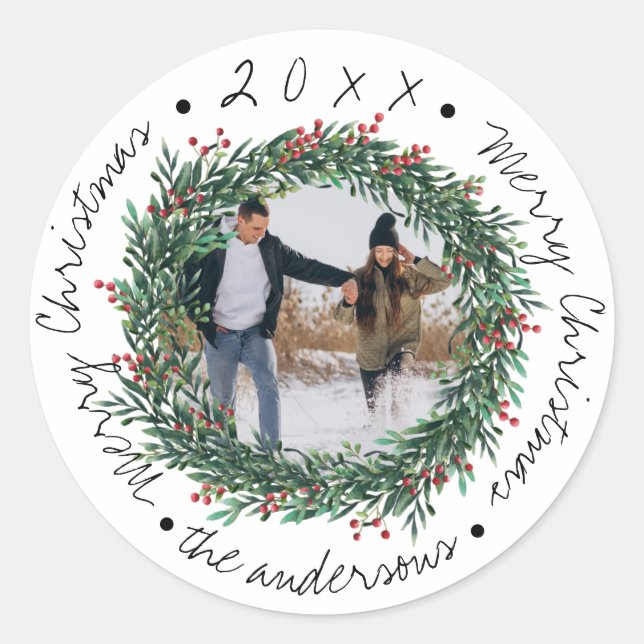 Sticker Rond  Merry Christmas Wreath Red Berries Name Photo (Devant)