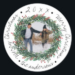 Sticker Rond  Merry Christmas Wreath Red Berries Name Photo<br><div class="desc">Merry Christmas Wreath Red Berries Name Photo Classic Round Sticker . These cute little stickers have Merry Christmas written in a pretty script font . These stickers can be customized by changing the family name and photo . Check out the other coordinating products in the collection . For any further...</div>