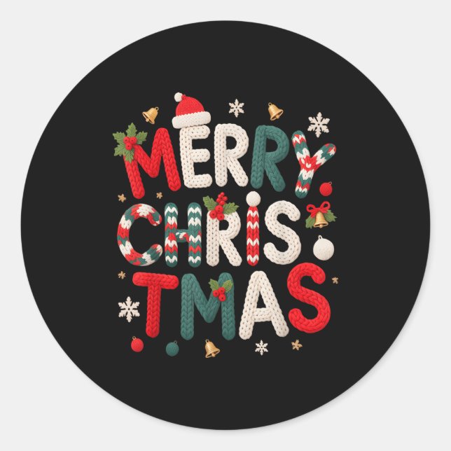Sticker Rond Merry Christmas Xmas Yarn Crochet Knitting Quilter (Devant)