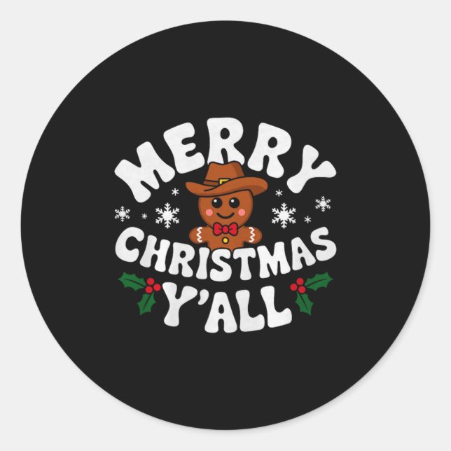 Sticker Rond Merry Christmas Yall Gingerbread Cowboy Howdy West (Devant)