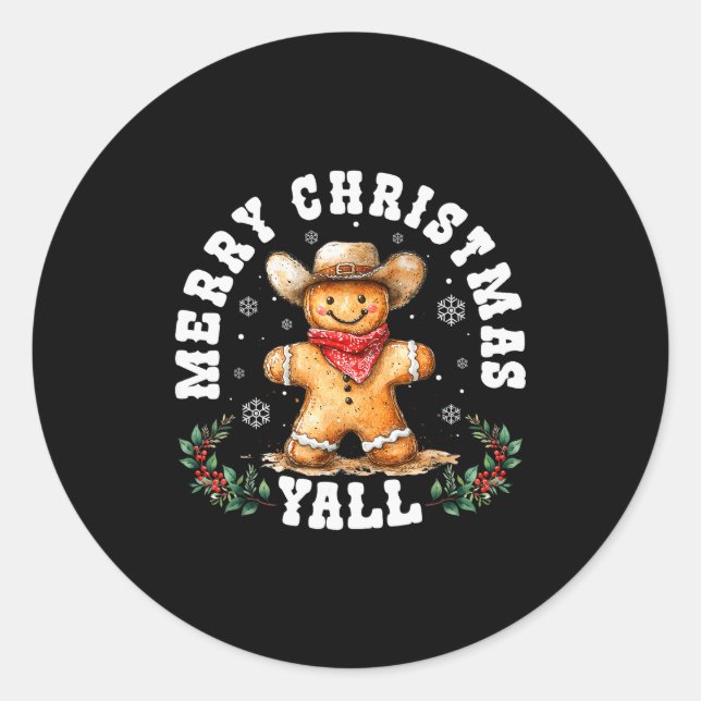 Sticker Rond Merry Christmas Yall Gingerbread Cowboy Western Xm (Devant)