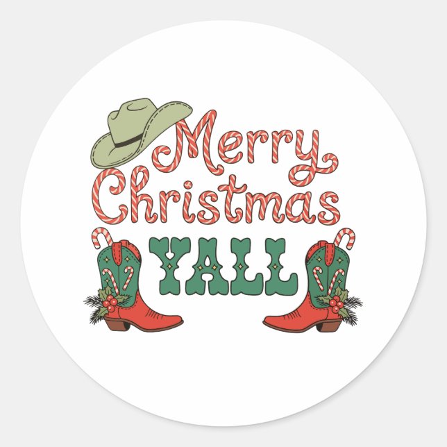 Sticker Rond Merry Christmas Yall Western Country Cowboy Xmas (Devant)