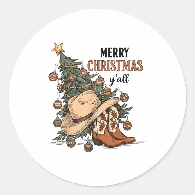Sticker Rond Merry Christmas Y'all Western Cowboy Boots Hat Xma (Devant)