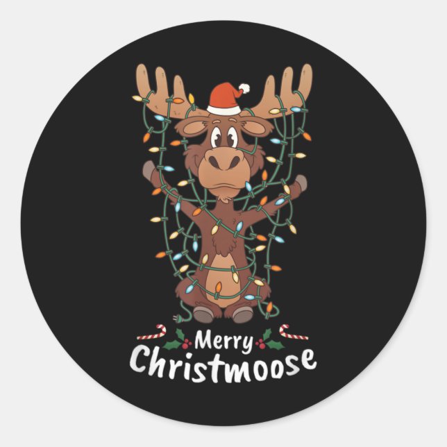 Sticker Rond Merry Christmoose Christmas Moose Xmas Tree Lights (Devant)
