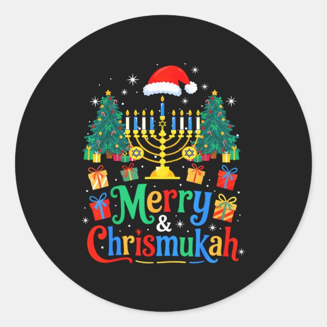 Sticker Rond Merry Christmukkah Hanukkah Christmas Tree Xmas Fa (Devant)