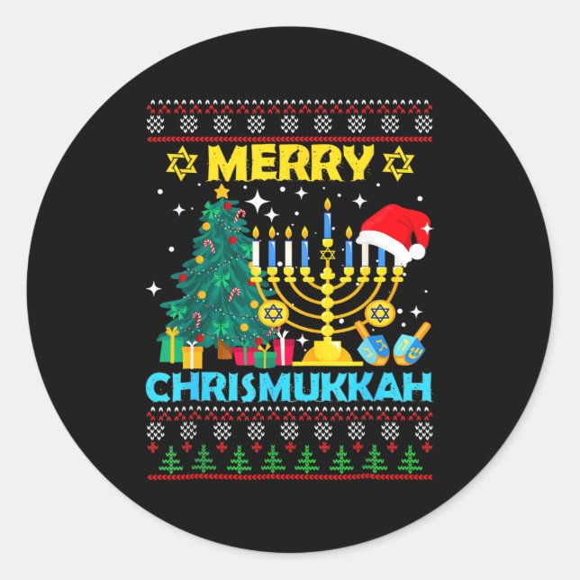 Sticker Rond Merry Christmukkah Hanukkah Christmas Tree Xmas Fa (Devant)