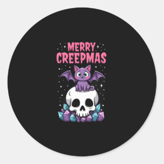 Sticker Rond Merry Creepmas Cat Pastel Goth Christmas Skull T-S