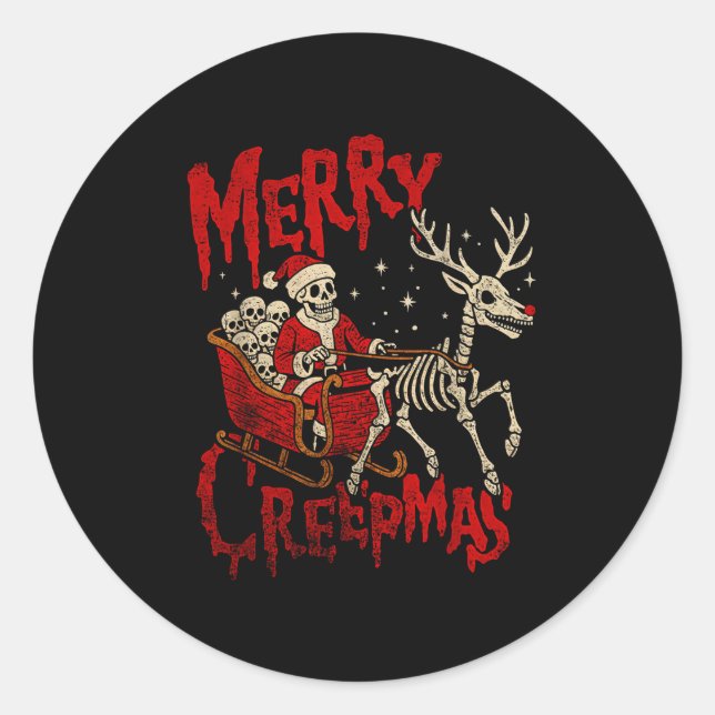 Sticker Rond Merry Creepmas Skeleton Creepy Christmas Goth Holi (Devant)