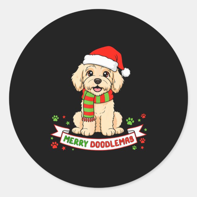 Sticker Rond Merry Doodlemas Goldendoodle Christmas Doodle Dog  (Devant)
