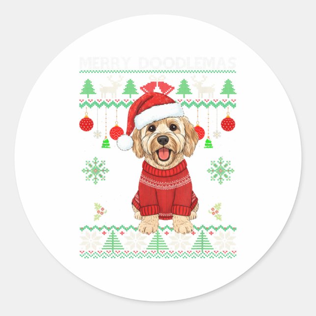 Sticker Rond Merry Doodlemas Goldendoodle Wearing Ugly Christma (Devant)