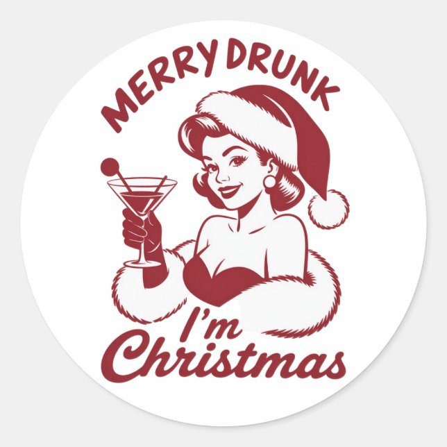 Sticker Rond Merry Drunk I'm Christmas Cocktail Snarky Drinking (Devant)
