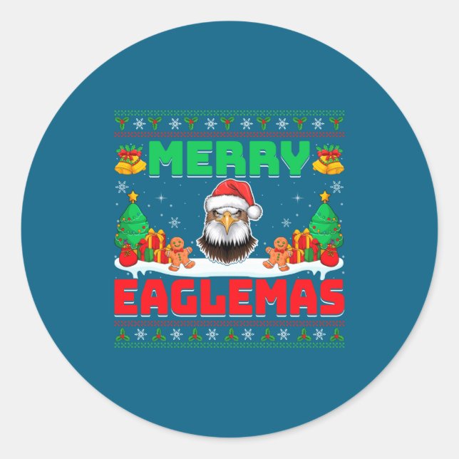 Sticker Rond Merry Eaglemas - Eagle Wearing Santa Hat Ugly Chri (Devant)