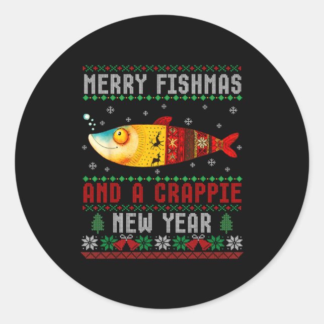 Sticker Rond Merry Fishmas And A Crape New Year Ugly Fisherman  (Devant)