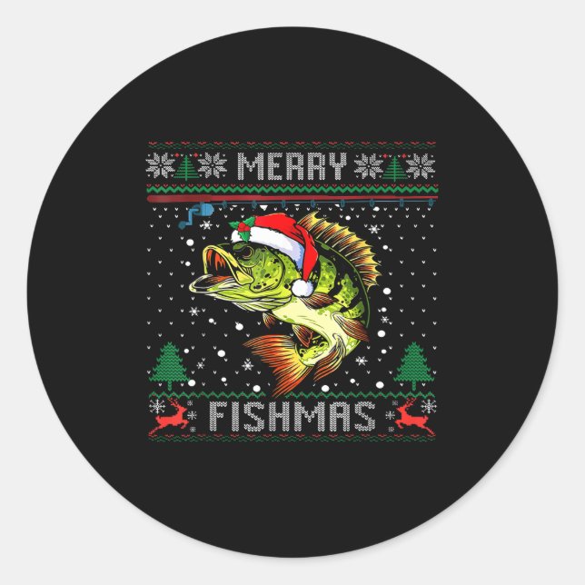 Sticker Rond Merry Fishmas B Fish Fishing Christmas Ugly Sweate (Devant)