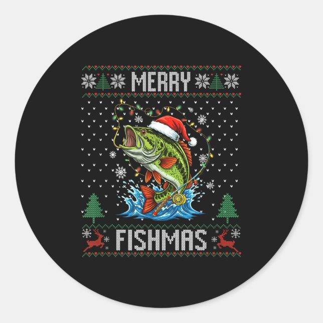 Sticker Rond Merry Fishmas B Fish Fishing Christmas Ugly Sweate (Devant)