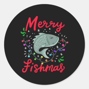 Sticker Rond Merry Fishmas Funky Christmas Tree Lights Fish Fis