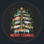 Sticker Rond Merry Fishmas Funky Christmas Tree Lights Fish Fis<br><div class="desc">Merry Fishmas Funky Christmas Tree Lights Poisson Rod de pêche</div>
