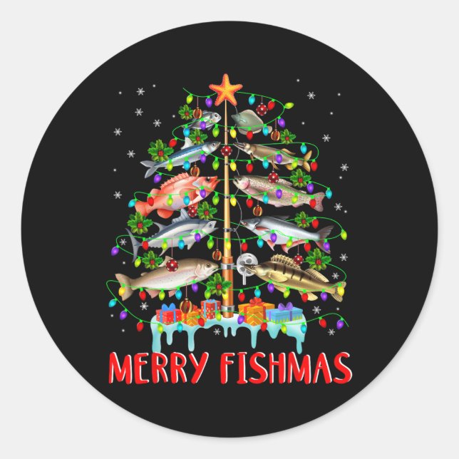 Sticker Rond Merry Fishmas Funky Christmas Tree Lights Fish Fis (Devant)