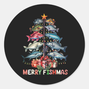 Sticker Rond Merry Fishmas Funky Christmas Tree Lights Pêche