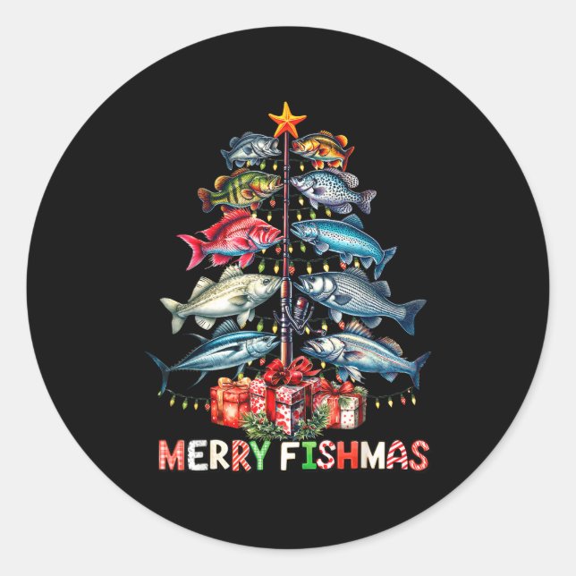 Sticker Rond Merry Fishmas Funny Christmas Tree Lights Fishing  (Devant)
