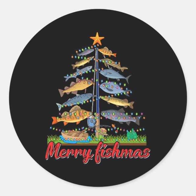Sticker Rond Merry Fishmas Funny Fisher Christmas Tree Fishing (Devant)