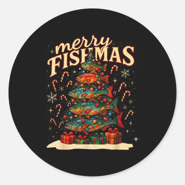 Sticker Rond Merry Fishmas Funny Fishing Christmas Design  (Devant)