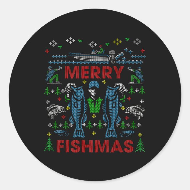 Sticker Rond Merry Fishmas Funny Pêche laide Sweat de Noël (Devant)