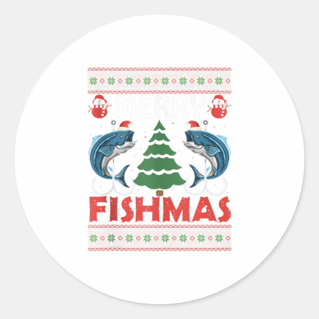 Sticker Rond Merry Fishmas Funny Pêche Noël (Devant)