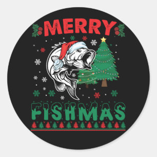 Sticker Rond Merry Fishmas Pêche Papa Pêcheur Pêcheur Noël