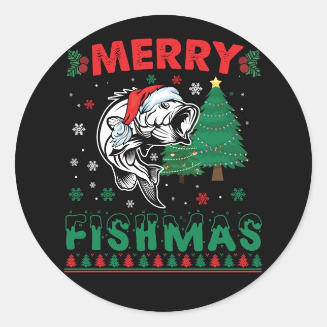 Sticker Rond Merry Fishmas Pêche Papa Pêcheur Pêcheur Noël (Devant)