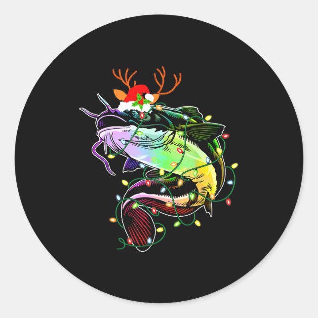 Sticker Rond Merry Fishmas Santa Fishing Lovers Funny Fisherman (Devant)