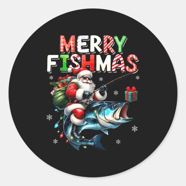Sticker Rond Merry Fishmas Santa Fishing Lovers Funny Fisherman (Devant)