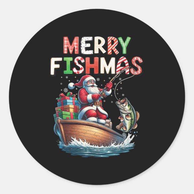 Sticker Rond Merry Fishmas Santa Fishing Lovers Funny Fisherman (Devant)