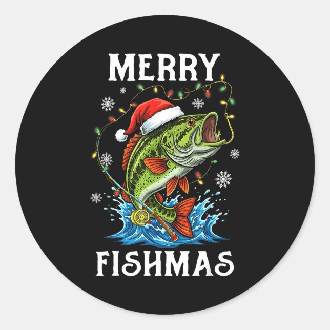 Sticker Rond Merry Fishmas Santa Fishing Lovers Funny Fisherman (Devant)