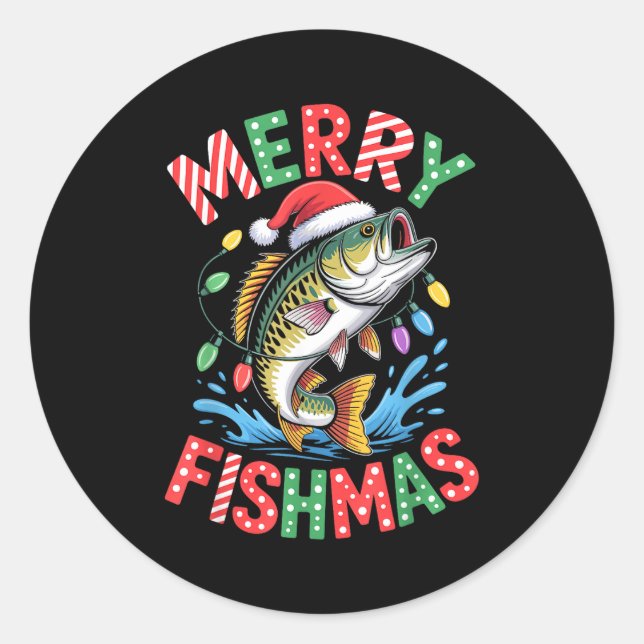 Sticker Rond Merry Fishmas Santa Hat B Fishing Christmas Angler (Devant)