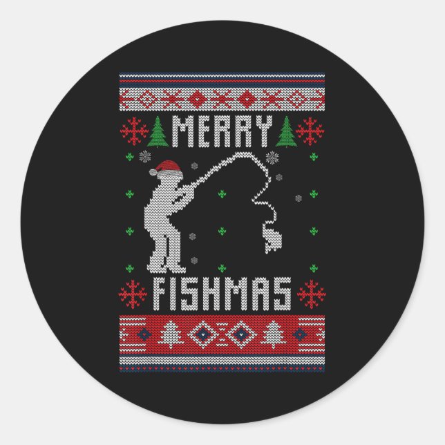 Sticker Rond Merry Fishmas Ugly Sweater Ugly Fishing Christmas  (Devant)