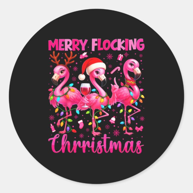 Sticker Rond Merry Flocking Christmas Flamingo Drink Pjs Xmas M (Devant)