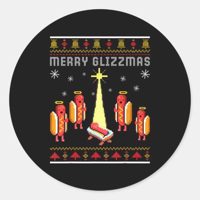 Sticker Rond Merry Glizzmas Hot Dog Funny Ugly Christmas Sweate (Devant)