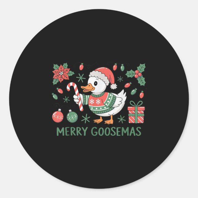 Sticker Rond Merry Goosemas Cute Christmas Goose Santa Hat Ligh (Devant)