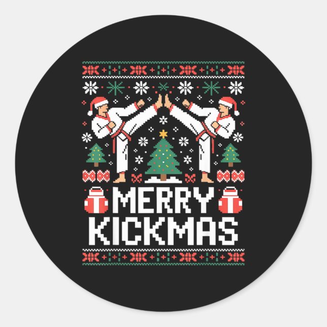 Sticker Rond Merry Kickmas Karate Jiu Jitsu Ugly Christmas Desi (Devant)
